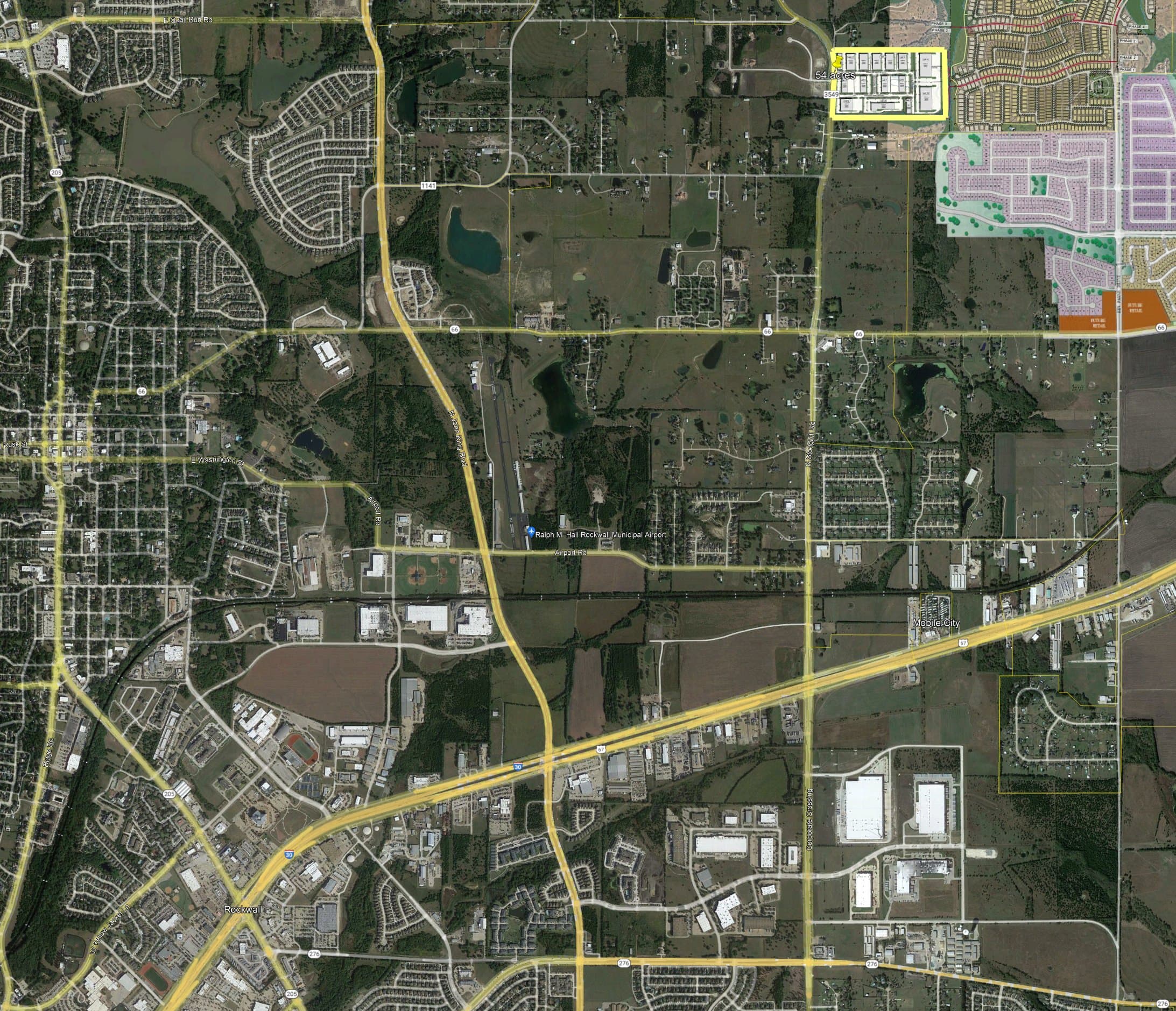 Location aerial: the 54 acres (outlined in yellow, top right) north of Interstate 30, east of Rockwall