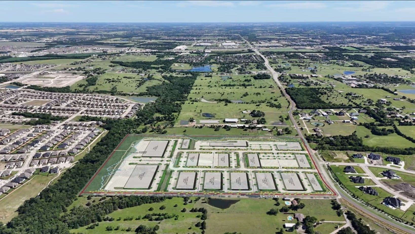 Aerial with a rendered light-industrial site plan of warehouse buildings on the property